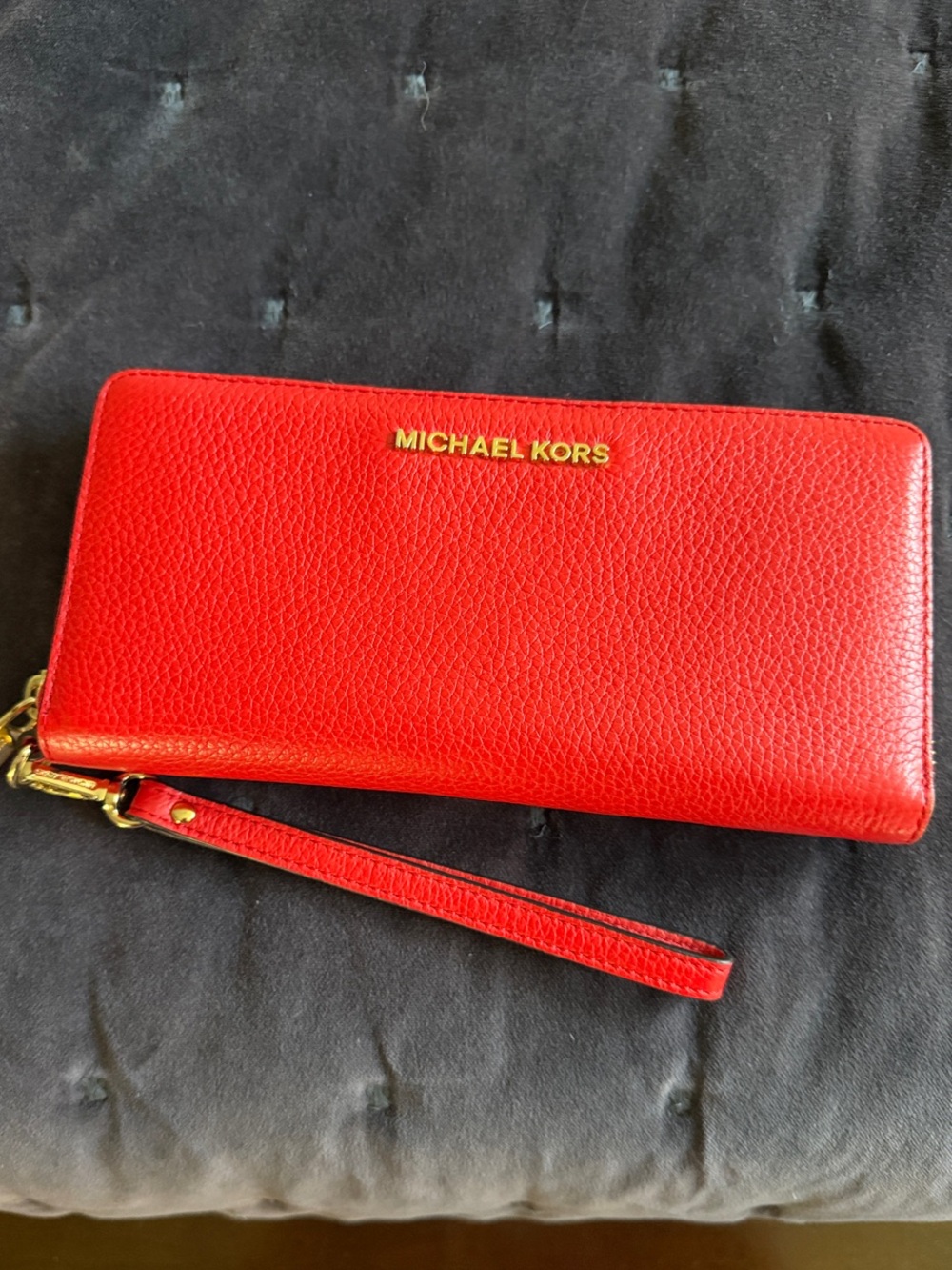 Michael Kors Red Pebbled Leather Zip Wristlet with Gold Hardware